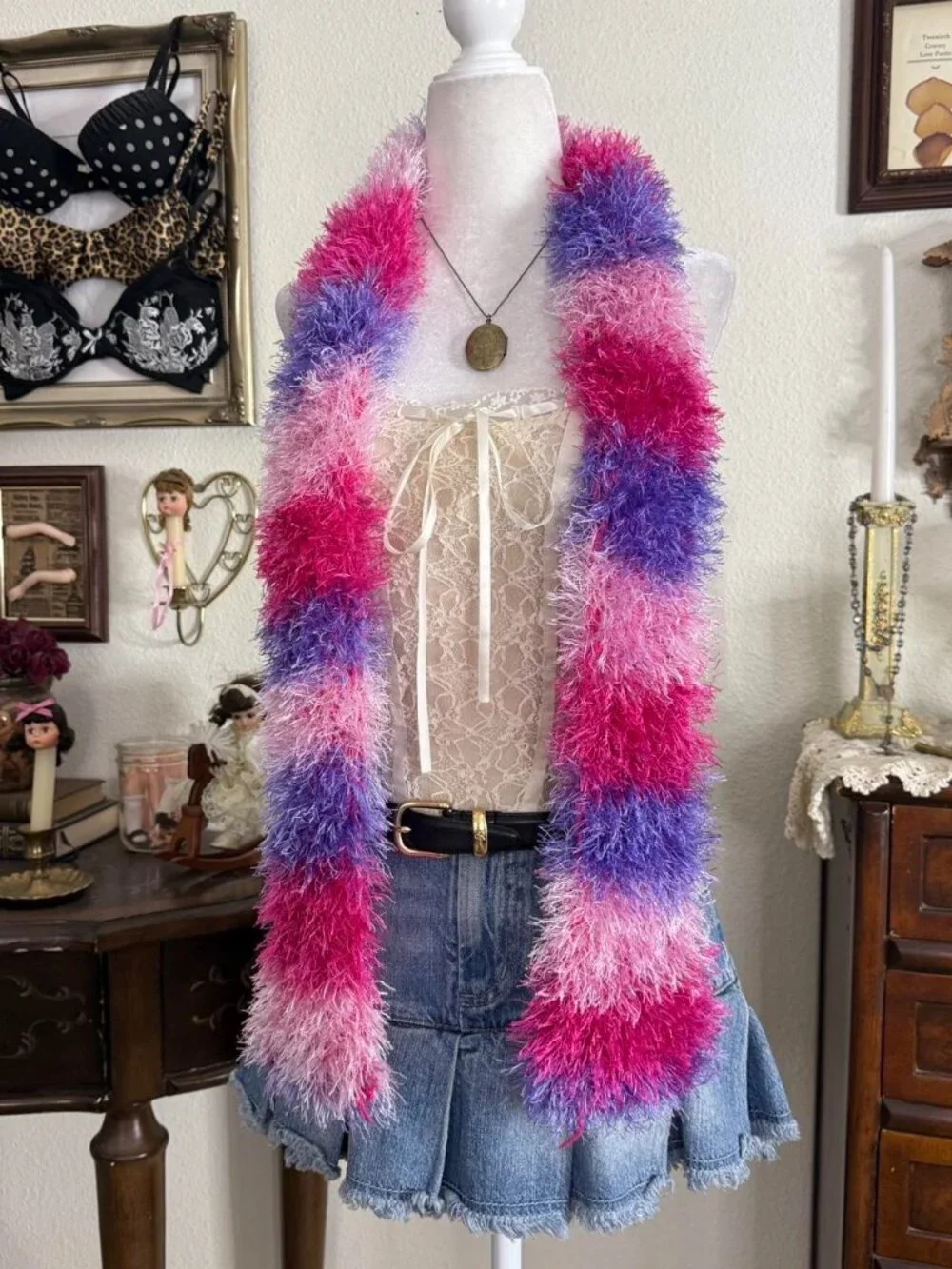 Y2K quirky funky fuzzy multicolored scarf